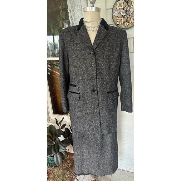 Vintage 70's Pendelton Wool Rayon Blend Suit Skirt Set Black Nubbed Size 16 - Picture 2 of 16